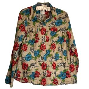 Roper Pearl Snap Long Sleeve Western Shirt Sz M Cowboy Hibiscus Floral Cotton